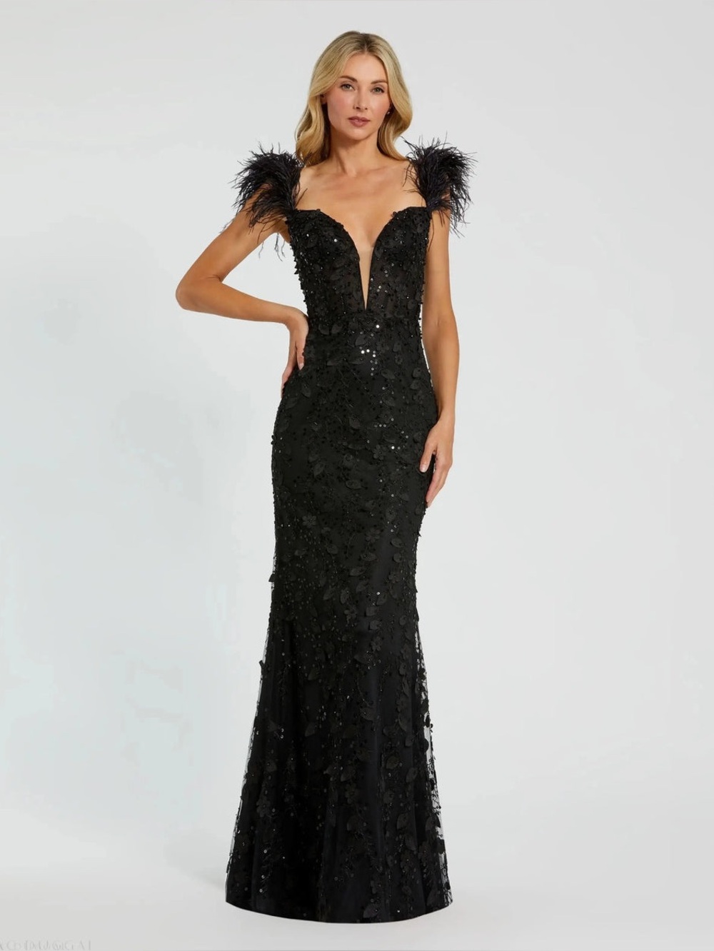 Mac Duggal Black Sequin Feather-Shoulder Maxi Gown